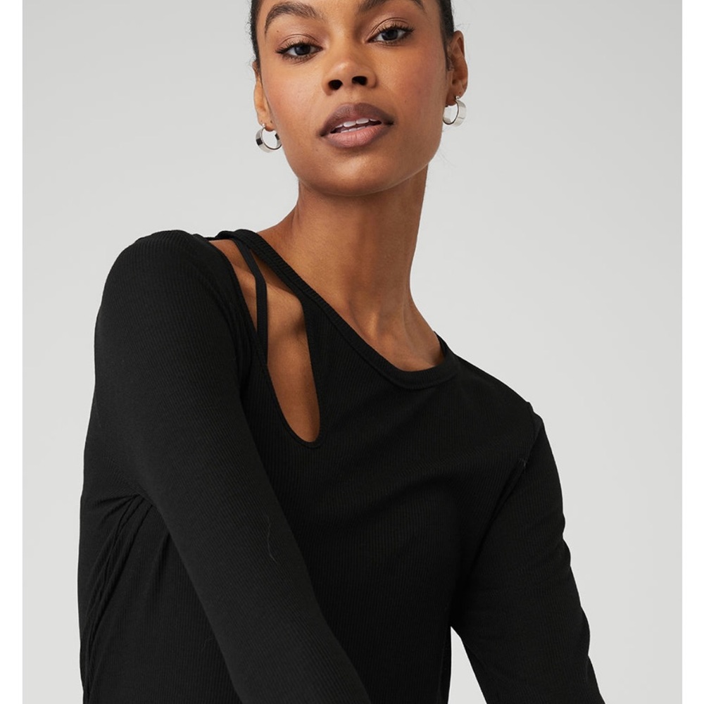 NWT ALO Yoga Black Ribbed Peak Long Sleeve Tee Shirt Size Small